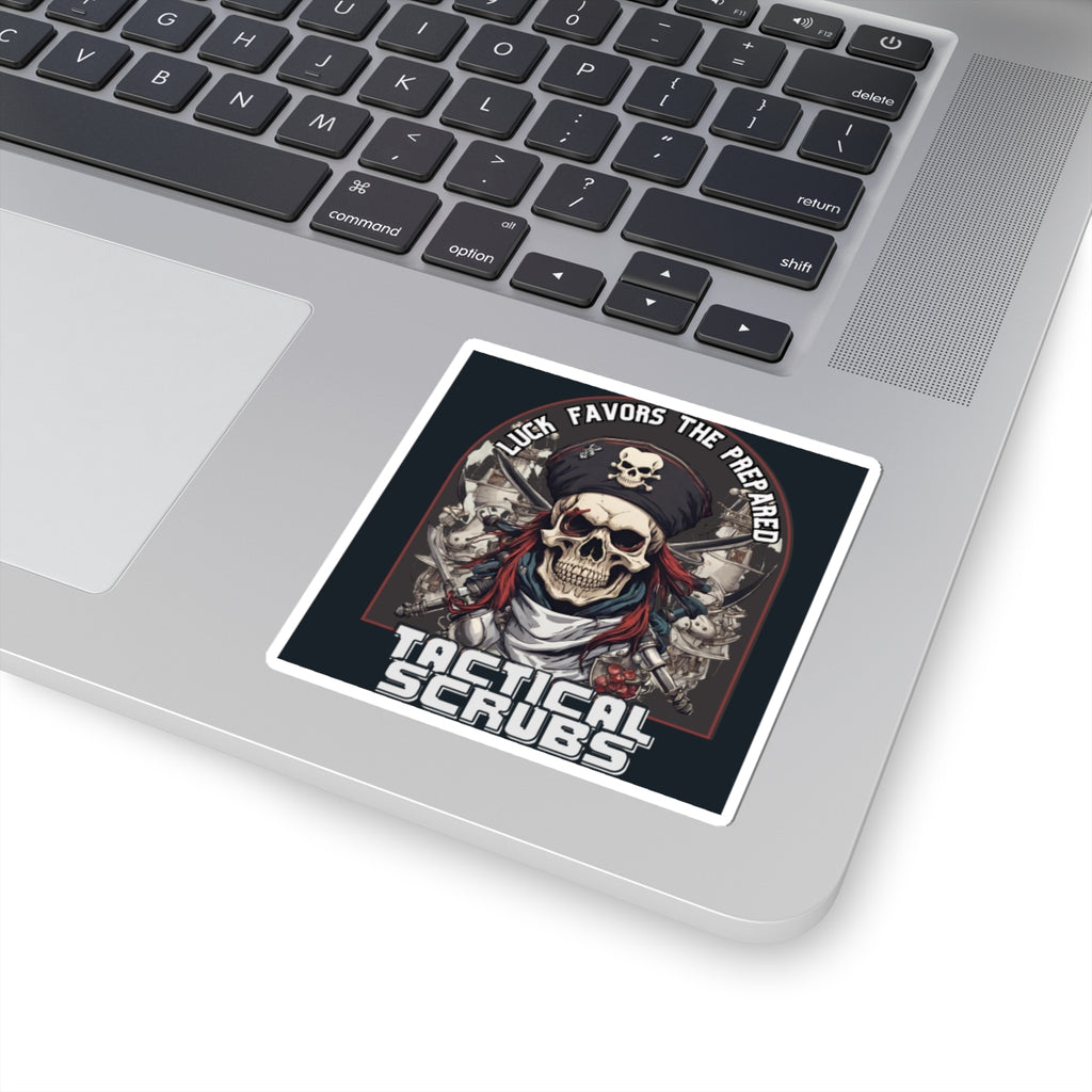Tactical Scrubs Skull Stickers - Luck Favors the Prepared, Pirate Theme, Laptop Decor, Gift for Adventurers, Halloween