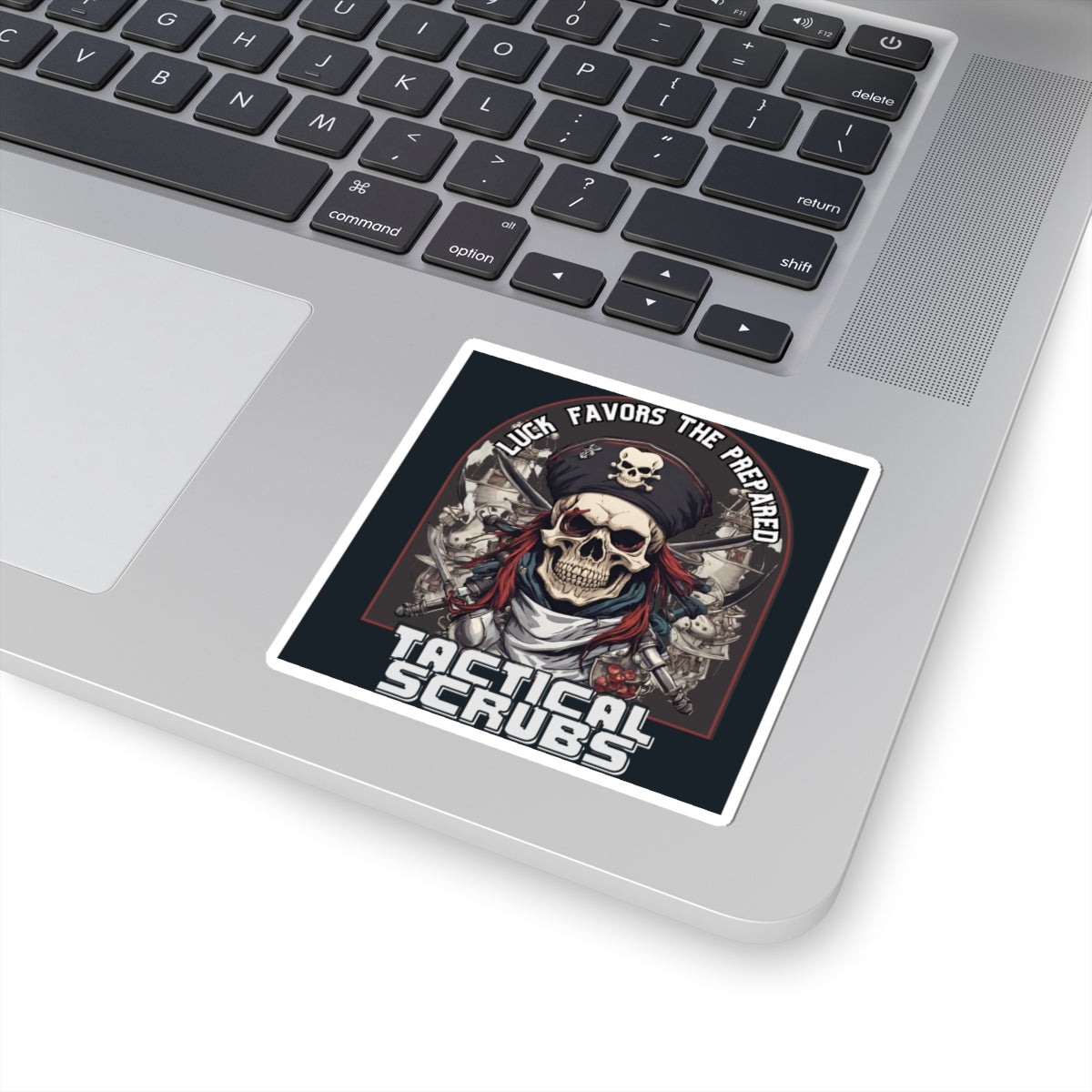 Tactical Scrubs Skull Stickers - Luck Favors the Prepared, Pirate Theme, Laptop Decor, Gift for Adventurers, Halloween
